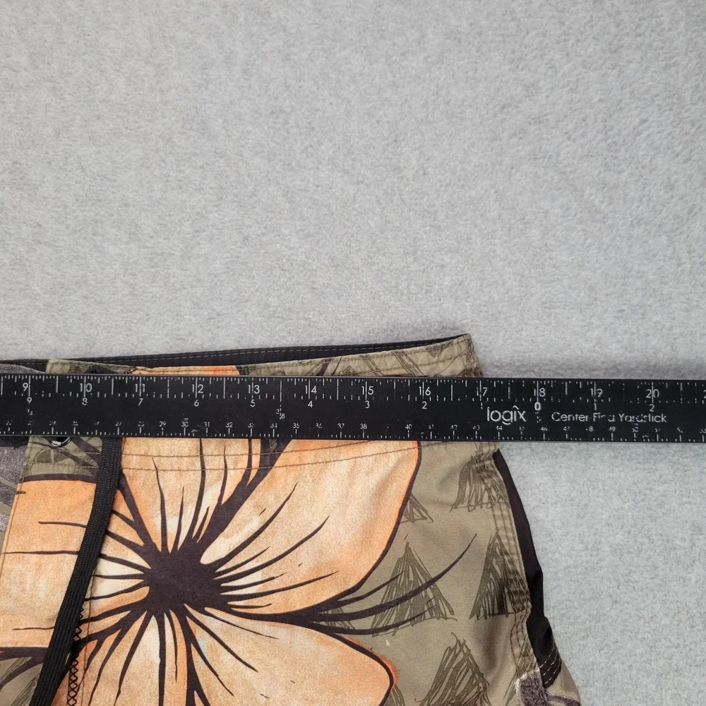 Hurley Board Shorts Mens 34 Olive Orange Floral Embroidered Logo Y2K